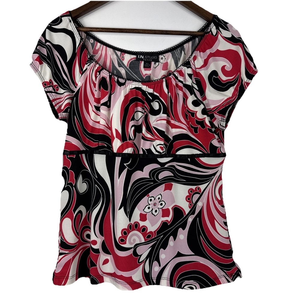I.N. Studio Y2K Babydoll Top Womens Petite Large Pink Red Short‎ Sleeve Abstract